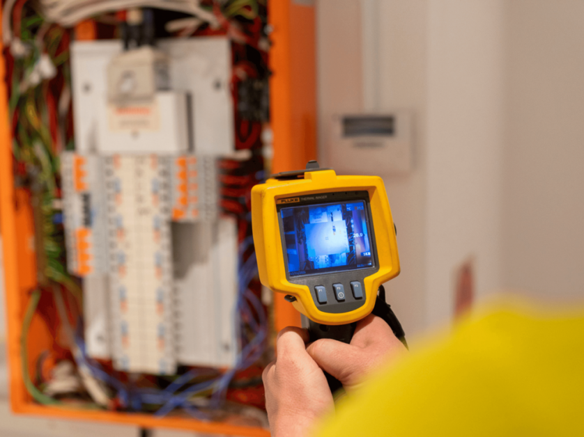 Licensed electrician performing commercial electrical maintenance in an industrial facility