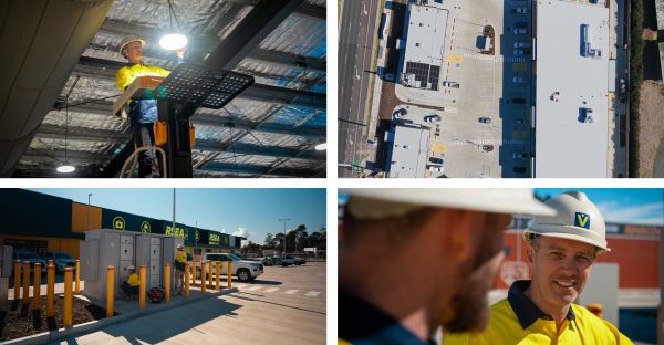 Collage of four images showing Level Electrical Newcastle Central delivering electrical works at the new Heatherbrae Supa Centre, including LED lighting installation, external switchboard work, aerial site view and onsite project coordination.