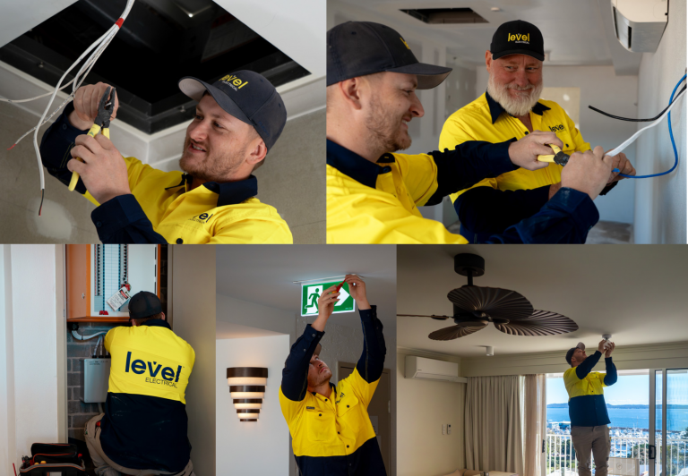 Level Electrical Newcastle Central team completing electrical works at Marina Resort in Port Stephens, including switchboard upgrades, lighting installations, wiring, and safety systems as part of the complete rewire.