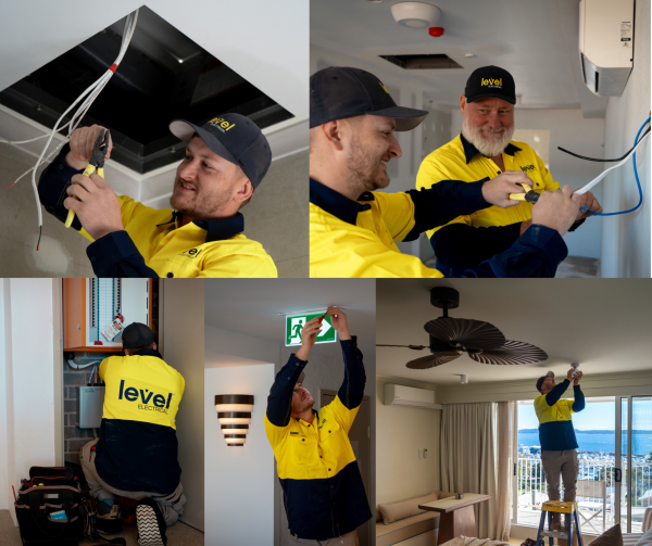 Level Electrical Newcastle Central team completing electrical works at Marina Bay Resort in Port Stephens, including switchboard upgrades, lighting installations, wiring, and safety systems as part of the complete rewire.