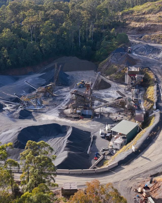 Aerial view of the hard rock crushing plant in Possum Brush, NSW, where Level Electrical Taree upgraded the motor control centre and installed automation systems.