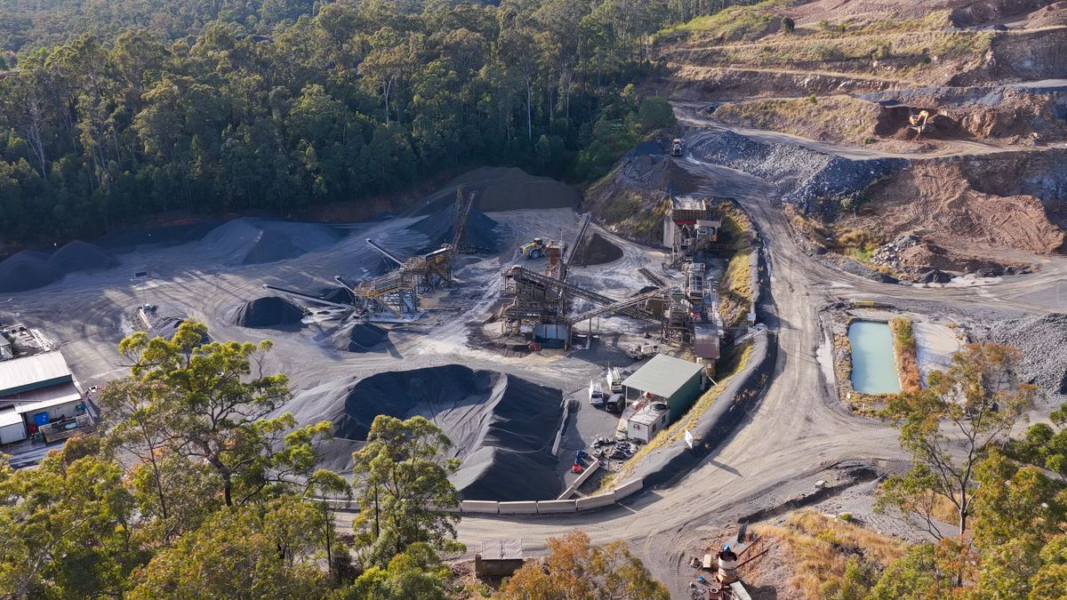 Aerial view of the hard rock crushing plant in Possum Brush, NSW, where Level Electrical Taree upgraded the motor control centre and installed automation systems.