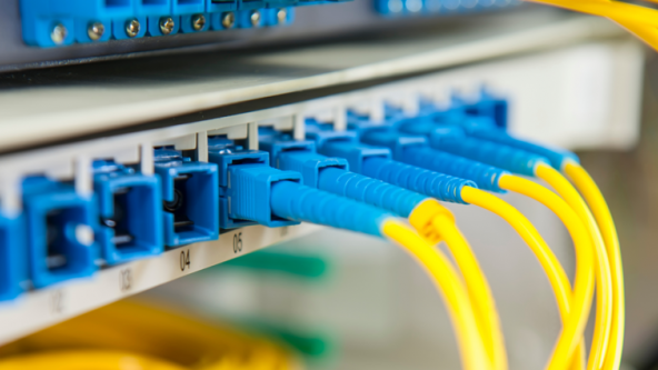 Fibre data cables connected to a network patch panel for structured cabling and network infrastructure