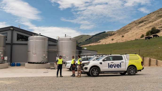 Level Electrical Ashburton team and vehicles at Wongan Hills dairy shed installation in Banks Peninsula