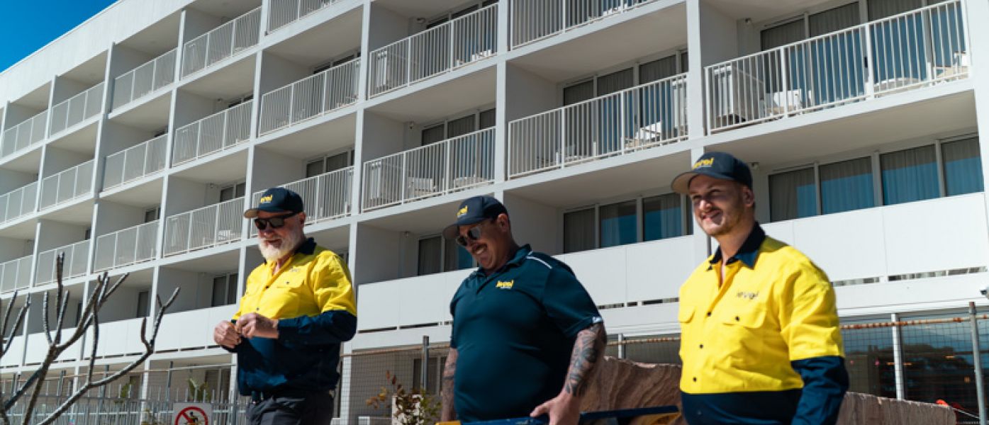 Level Electrical Newcastle Central team on site at Marina Bay Resort in Port Stephens after completing the full rewire, including lighting, power systems, and switchboard upgrades.
